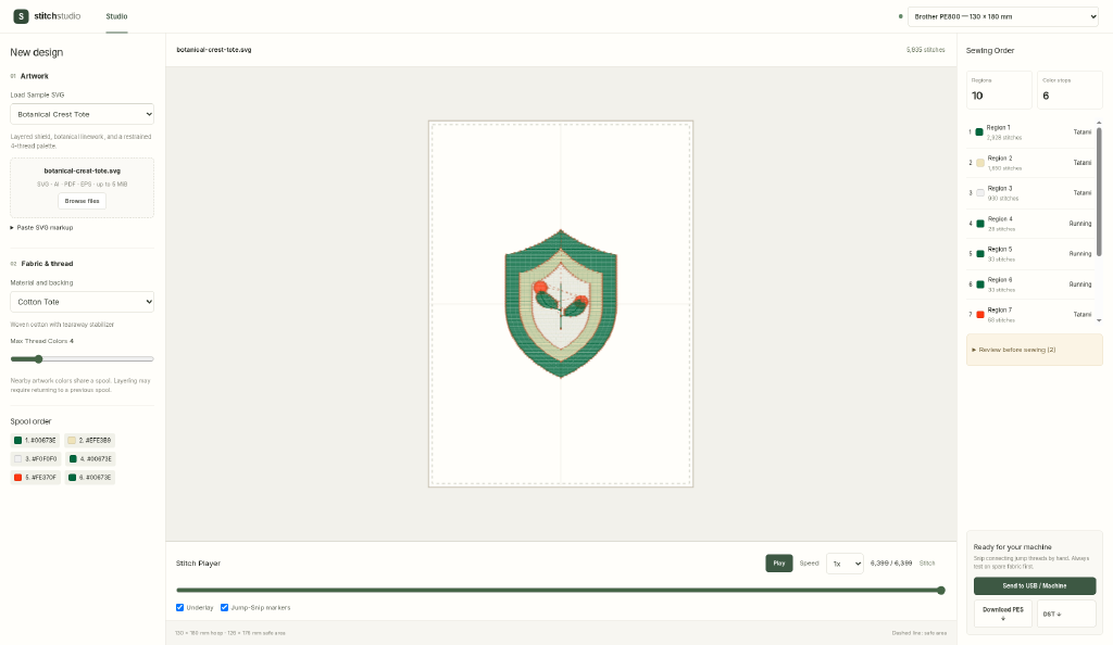 Browser embroidery studio with a stitch preview and thread-color controls