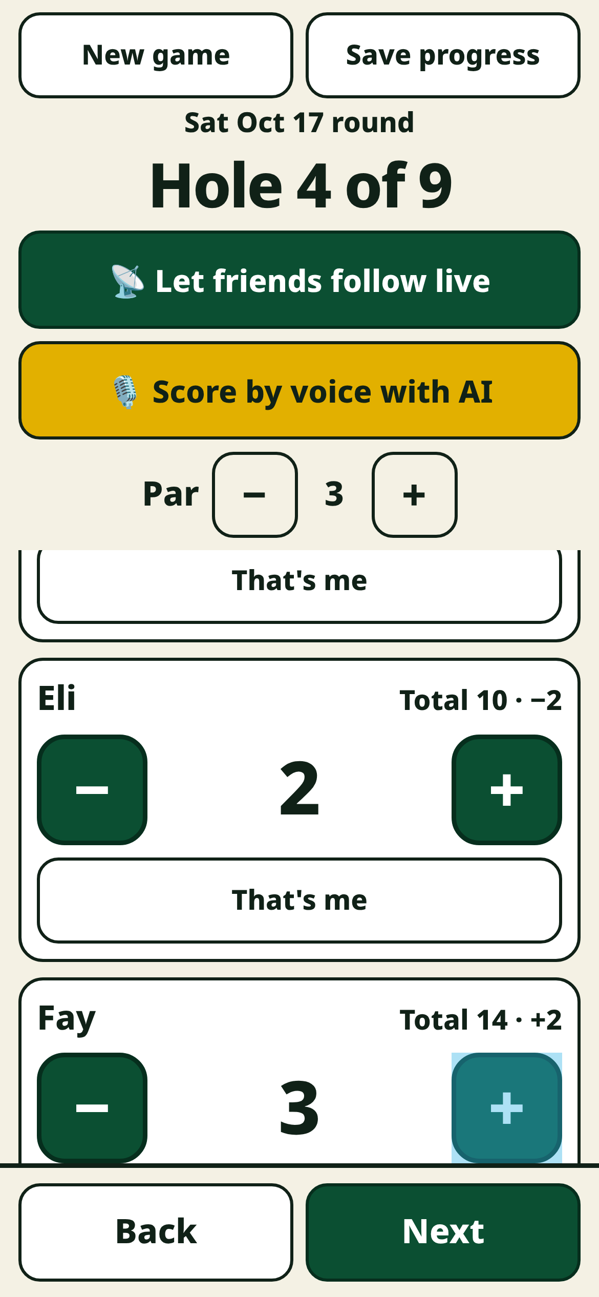 The phone scorecard built on the mini-golf course